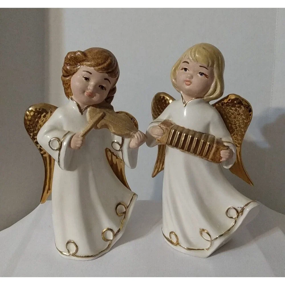 VTG Christmas Angel Choir Musicians Chalkware Figurines MCM signed, lot of 2
